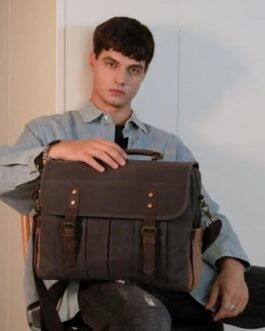 Vintage Mens Messenger Bag 15.6 inches Waterproof Genuine Leather Waxed Canvas Satchel Shoulder Bag Briefcase Laptop Bag with Charging,Headset Port Gray