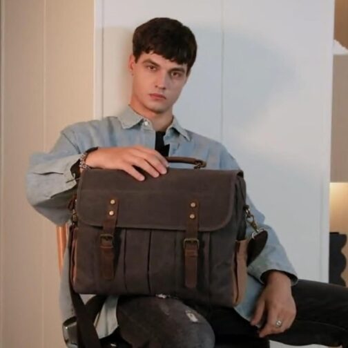Vintage Mens Messenger Bag 15.6 inches Waterproof Genuine Leather Waxed Canvas Satchel Shoulder Bag Briefcase Laptop Bag with Charging,Headset Port Gray - Image 2