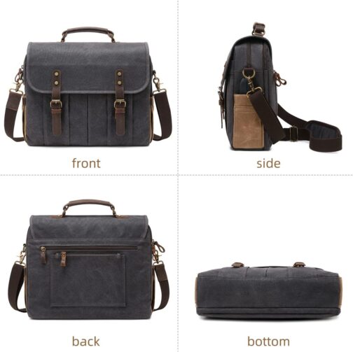 Vintage Mens Messenger Bag 15.6 inches Waterproof Genuine Leather Waxed Canvas Satchel Shoulder Bag Briefcase Laptop Bag with Charging,Headset Port Gray - Image 7