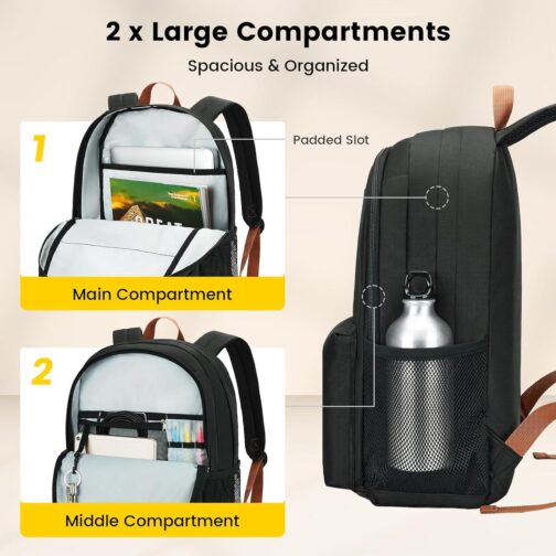 Vorspack Backpack for Men and Women - Lightweight Bookbag College Backpack Casual Daypack Backpacks for Travel Work - Black - Image 3