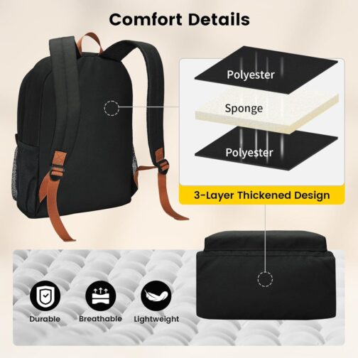 Vorspack Backpack for Men and Women - Lightweight Bookbag College Backpack Casual Daypack Backpacks for Travel Work - Black - Image 4
