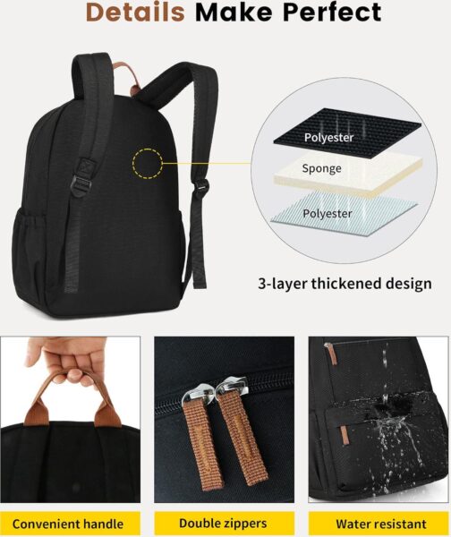 Vorspack Backpack for Men and Women - Lightweight Backpack Classical Basic Bookbag with Multi-pockets Casual Daypack for College Workplace Travel - Black - Image 5