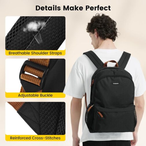 Vorspack Backpack for Men and Women - Lightweight Bookbag College Backpack Casual Daypack Backpacks for Travel Work - Black - Image 5