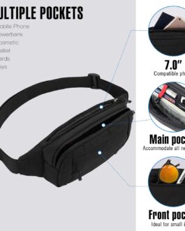 WATERFLY Fanny Pack Waist Bag: Small Hip Pouch Bum Bag Fannie Pack Phanny Fannypack Waistpack Bumbag Beltbag Sport Slim Fashionable for Jogging Hiking Hiker Woman Man Pure black