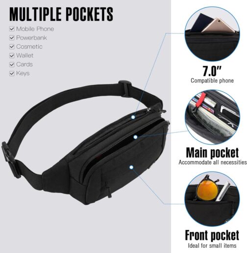 WATERFLY Fanny Pack Waist Bag: Small Hip Pouch Bum Bag Fannie Pack Phanny Fannypack Waistpack Bumbag Beltbag Sport Slim Fashionable for Jogging Hiking Hiker Woman Man Pure black - Image 2