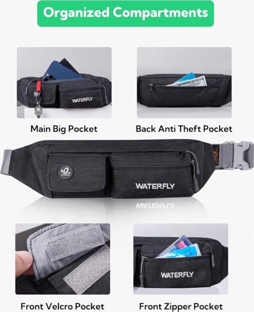 WATERFLY Fanny Pack for Women Men Water Resistant Small Waist Pouch Slim Belt Bag with 4 Pockets for Running Travelling Hiking Walking Lightweight Crossbody Chest Bag Fit All Phones - Image 5