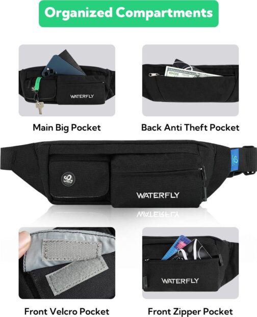 WATERFLY Fanny Pack for Women Men Water Resistant Small Waist Pouch Slim Belt Bag with 4 Pockets for Running Travelling Hiking Walking Lightweight Crossbody Chest Bag Fit All Phones - Image 5