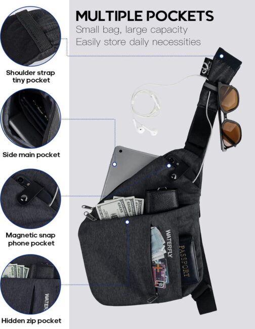 WATERFLY Sling Crossbody Chest Bag: Slim Anti-Theft Cross Body Bag Over Shoulder Backpack Stealth Side Pack Man Woman - Image 4
