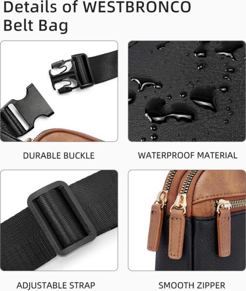 WESTBRONCO Fanny Packs for Women, Fashion Waist Packs with Adjustable Strap, PU Leather Belt Bag with Multi-Pockets, Small Crossbody Purse, Brown and Black - Image 5