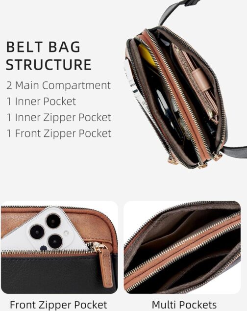 WESTBRONCO Fanny Packs for Women, Fashion Waist Packs with Adjustable Strap, PU Leather Belt Bag with Multi-Pockets, Small Crossbody Purse, Brown and Black - Image 3