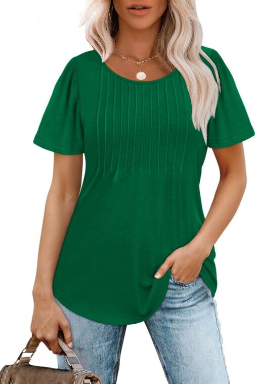 WIHOLL Short Sleeve Shirts for Women Summer Dressy Casual Tops Pleated Front - Image 2