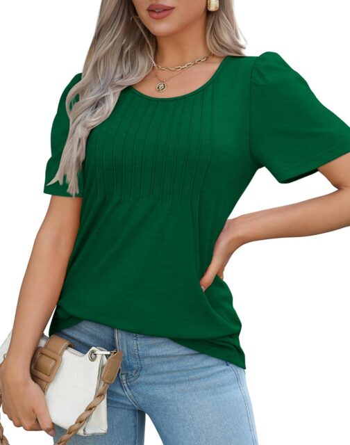 WIHOLL Short Sleeve Shirts for Women Summer Dressy Casual Tops Pleated Front - Image 3