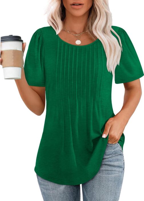 WIHOLL Short Sleeve Shirts for Women Summer Dressy Casual Tops Pleated Front