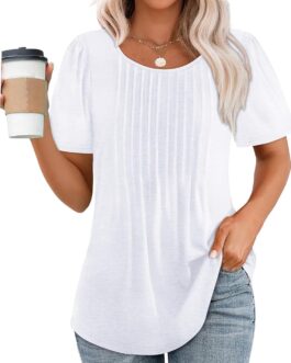 WIHOLL Short Sleeve Shirts for Women Summer Dressy Casual Tops Pleated Front