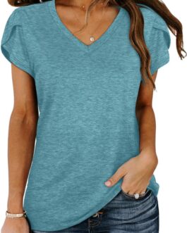 WIHOLL Womens Tops V Neck Summer Petal Sleeve Casual Tshirts
