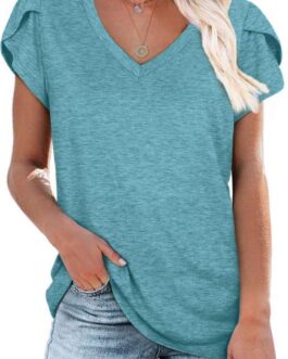 WIHOLL Womens Tops V Neck Summer Petal Sleeve Casual Tshirts