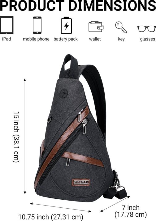WITZMAN Canvas Sling Bag for Men Women Convertible Sling Backpack Crossbody Vintage Chest Bag Travel Casual Daypack(A8003 Black) - Image 4