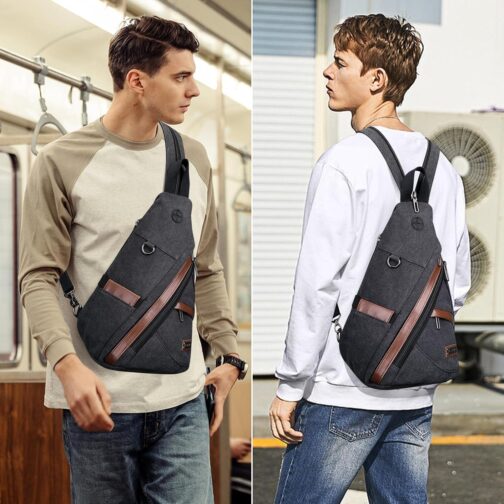 WITZMAN Canvas Sling Bag for Men Women Convertible Sling Backpack Crossbody Vintage Chest Bag Travel Casual Daypack(A8003 Black) - Image 2