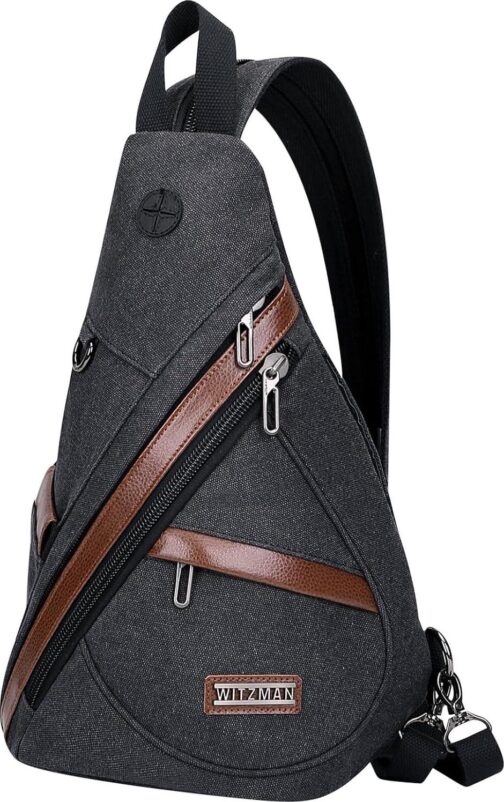 WITZMAN Canvas Sling Bag for Men Women Convertible Sling Backpack Crossbody Vintage Chest Bag Travel Casual Daypack(A8003 Black)