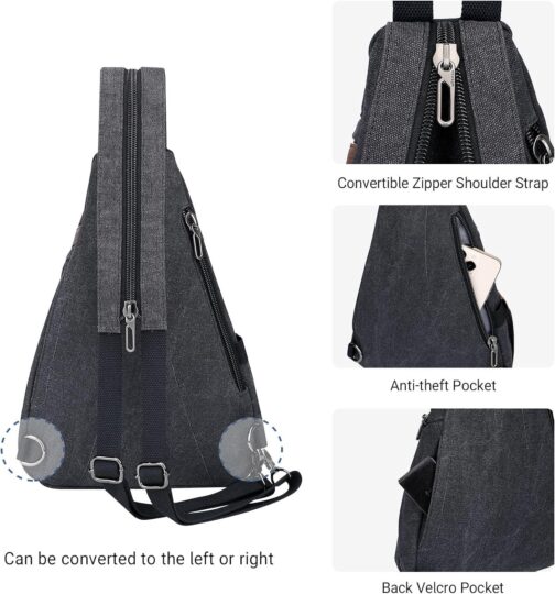 WITZMAN Canvas Sling Bag for Men Women Convertible Sling Backpack Crossbody Vintage Chest Bag Travel Casual Daypack(A8003 Black) - Image 6