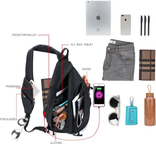 Water-Proof Sling bag/Crossbody Backpack/Shoulder Bag with USB Charging Port for Travel, Hiking, Cycling, Camping - Image 4