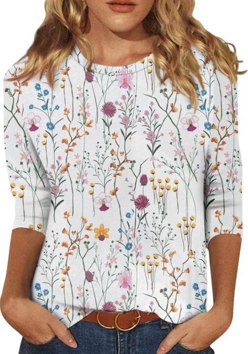 Women's 3/4 Sleeve Shirts Crew Neck Loose Tops Casual Solid Color Tshirts Trendy Basic Tunic Summer Ladies Tops