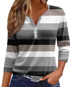 Womens 3/4 Length Sleeve Tops Casual Henley Neck Striped Summer Shirts Loose Fit Three Quarter Sleeve Blouses