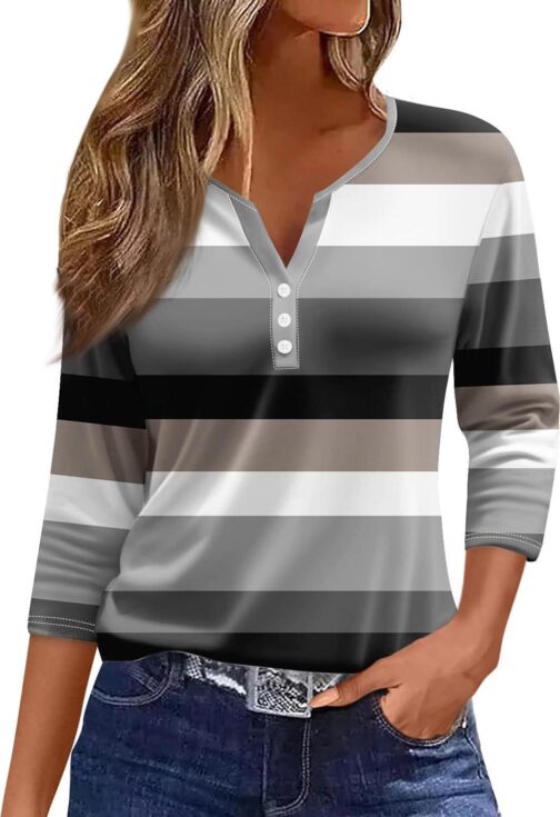 Womens 3/4 Length Sleeve Tops Casual Henley Neck Striped Summer Shirts Loose Fit Three Quarter Sleeve Blouses