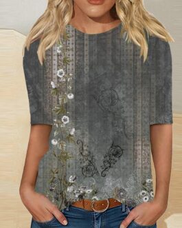 Womens Casual Floral Elbow Sleeve Tshirts Vintage Bohemian Crew Neck Tee Shirt Boho Peasant Blouses Clothing