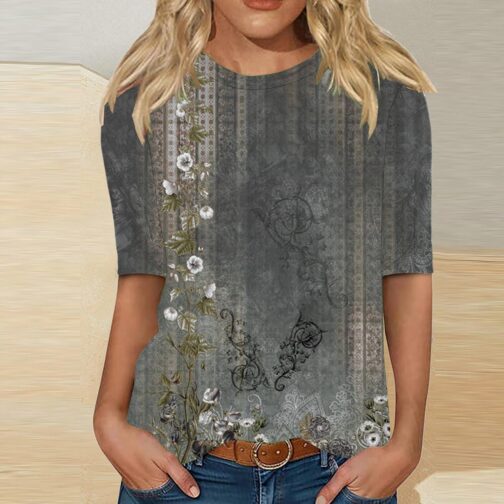 Womens Casual Floral Elbow Sleeve Tshirts Vintage Bohemian Crew Neck Tee Shirt Boho Peasant Blouses Clothing - Image 2