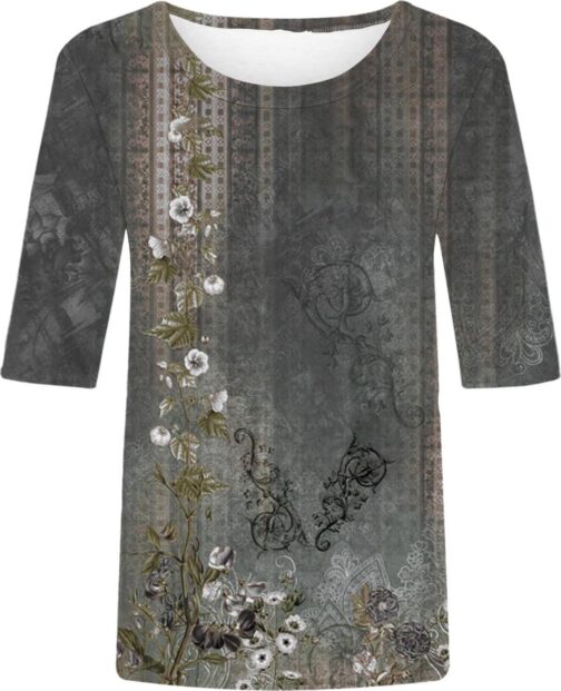 Womens Casual Floral Elbow Sleeve Tshirts Vintage Bohemian Crew Neck Tee Shirt Boho Peasant Blouses Clothing - Image 5