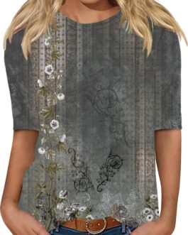 Womens Casual Floral Elbow Sleeve Tshirts Vintage Bohemian Crew Neck Tee Shirt Boho Peasant Blouses Clothing