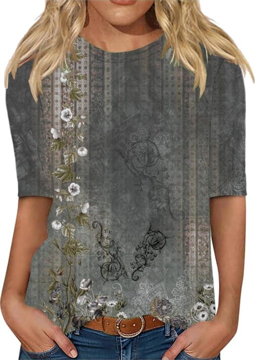 Womens Casual Floral Elbow Sleeve Tshirts Vintage Bohemian Crew Neck Tee Shirt Boho Peasant Blouses Clothing