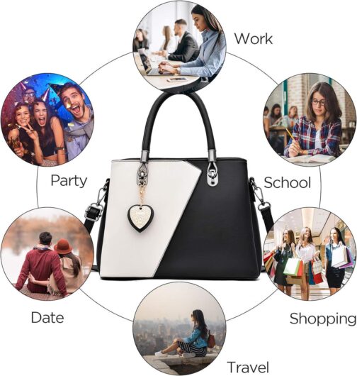 Womens Leather Handbags Purse Top-handle Bags Contrast Color Stitching Totes Satchel Shoulder Bag for Ladies - Image 6