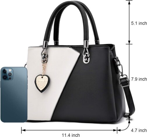 Womens Leather Handbags Purse Top-handle Bags Contrast Color Stitching Totes Satchel Shoulder Bag for Ladies - Image 3
