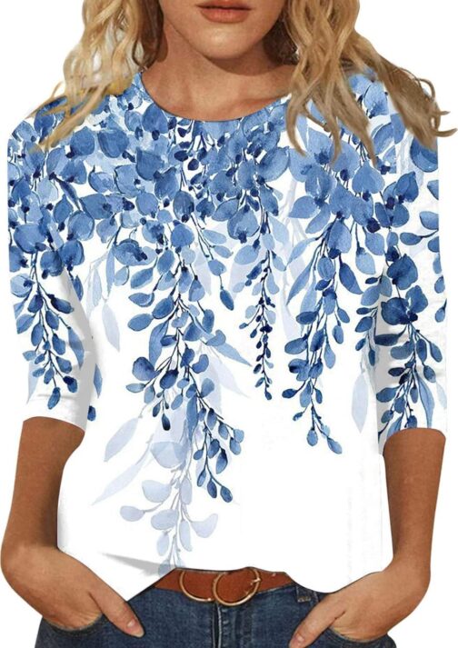 Womens Tops 3/4 Sleeve Crewneck Cute Shirts 2024 Casual Print Trendy Tops Length T Shirt Summer Pullover - Image 5