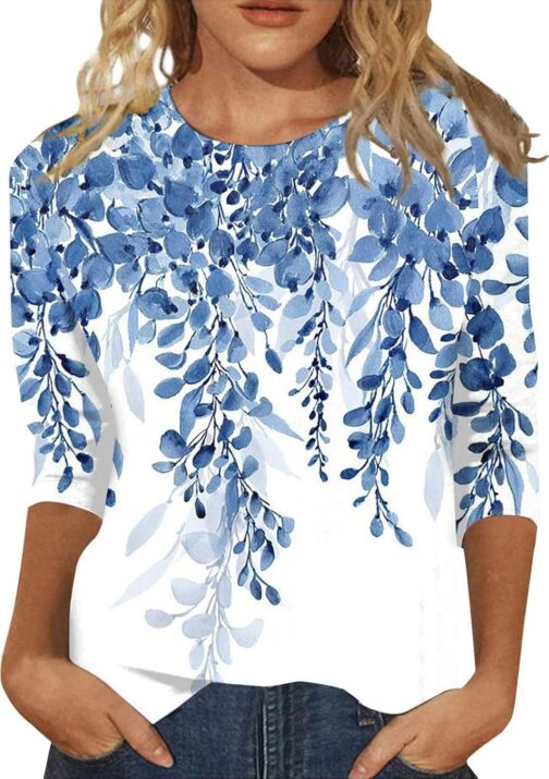 Womens Tops 3/4 Sleeve Crewneck Cute Shirts 2024 Casual Print Trendy Tops Length T Shirt Summer Pullover