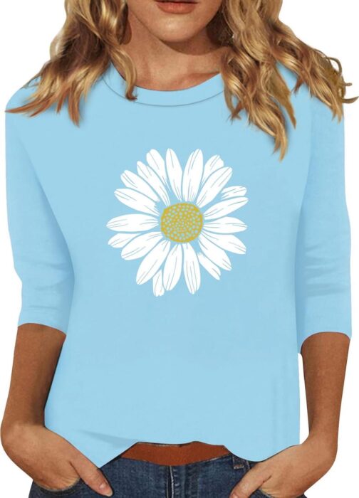 Womens Tops 3/4 Sleeve Crewneck Cute Shirts Casual Trendy Print Blouses Length T Shirt 2024