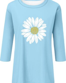 Womens Tops 3/4 Sleeve Crewneck Cute Shirts Casual Trendy Print Blouses Length T Shirt 2024