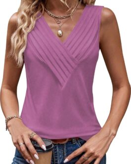 Womens V Neck Tank Tops Loose Fit Pleated Work Dressy Casual Tanks Summer Sleeveless Shirts