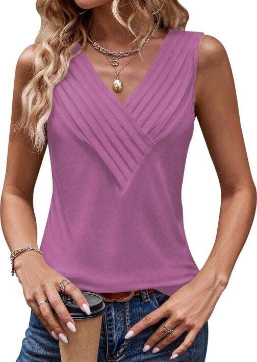 Womens V Neck Tank Tops Loose Fit Pleated Work Dressy Casual Tanks Summer Sleeveless Shirts