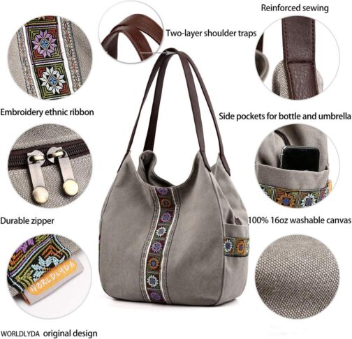 Worldlyda Women Canvas Hobo Purse Multi Pocket Tote Shopper Shoulder Bag Casual Top Handle handbag with Embroidery Ethnic - Image 4