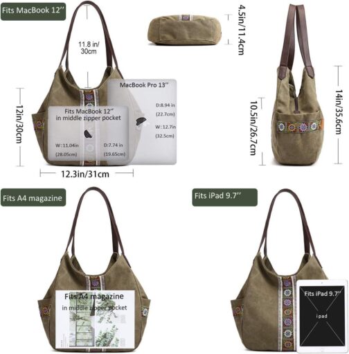 Worldlyda Women Canvas Hobo Purse Multi Pocket Tote Shopper Shoulder Bag Casual Top Handle handbag with Embroidery Ethnic - Image 5