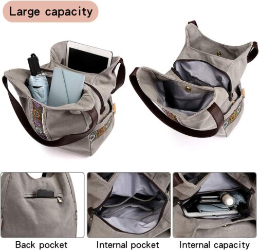 Worldlyda Women Canvas Hobo Purse Multi Pocket Tote Shopper Shoulder Bag Casual Top Handle handbag with Embroidery Ethnic - Image 6