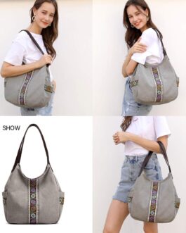 Worldlyda Women Canvas Hobo Purse Multi Pocket Tote Shopper Shoulder Bag Casual Top Handle handbag with Embroidery Ethnic