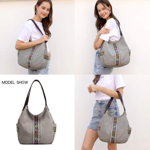 Worldlyda Women Canvas Hobo Purse Multi Pocket Tote Shopper Shoulder Bag Casual Top Handle handbag with Embroidery Ethnic - Image 2