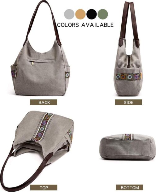 Worldlyda Women Canvas Hobo Purse Multi Pocket Tote Shopper Shoulder Bag Casual Top Handle handbag with Embroidery Ethnic - Image 3