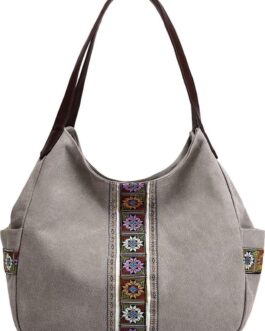 Worldlyda Women Canvas Hobo Purse Multi Pocket Tote Shopper Shoulder Bag Casual Top Handle handbag with Embroidery Ethnic