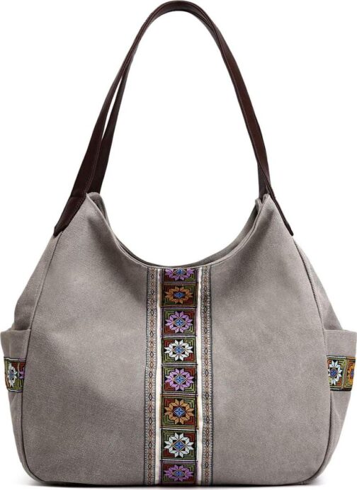 Worldlyda Women Canvas Hobo Purse Multi Pocket Tote Shopper Shoulder Bag Casual Top Handle handbag with Embroidery Ethnic