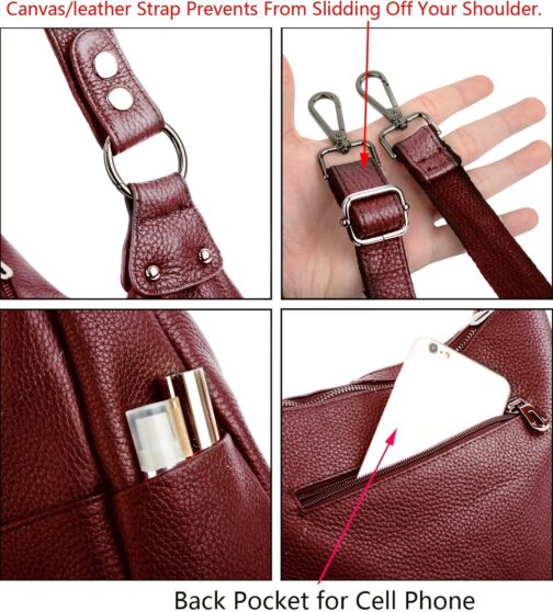 YALUXE Women's Genuine Leather Shoulder Bags Hobo Handbags Purses with Double Zipper Pockets and Crossbody Strap - Image 5